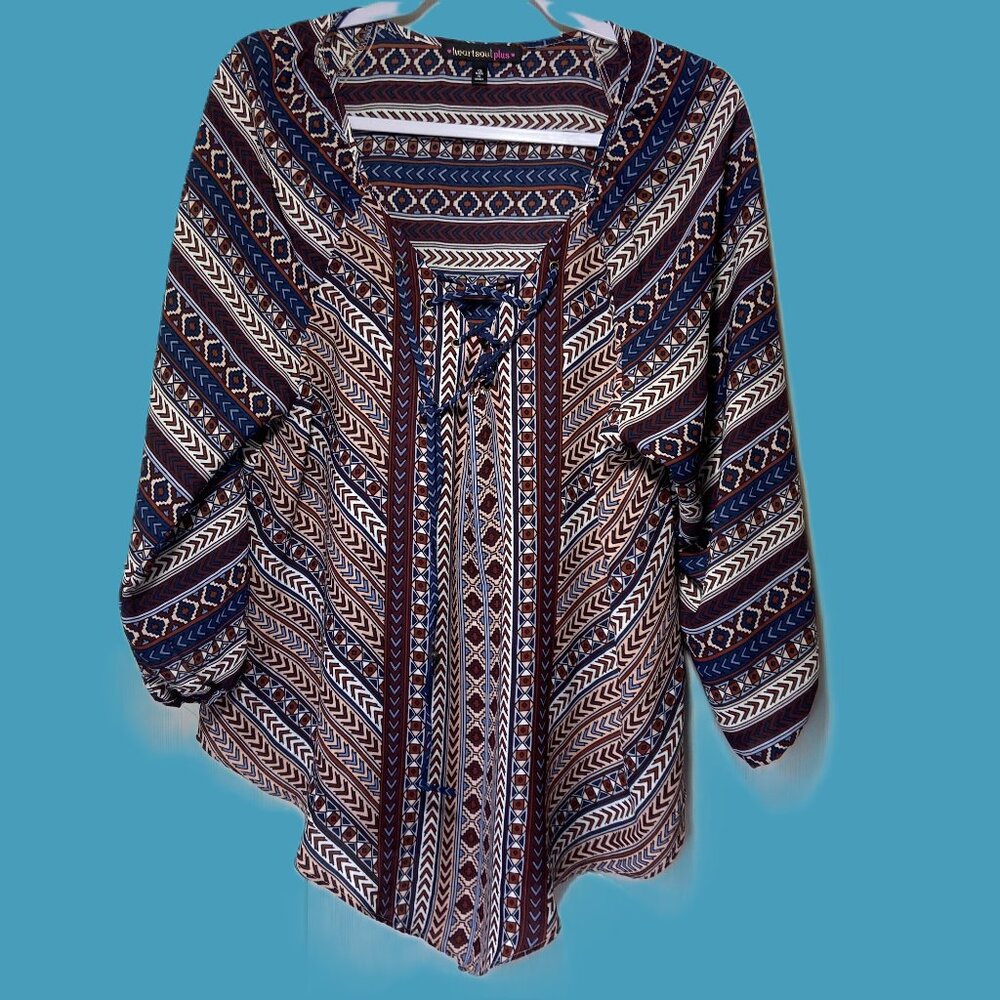 Heart Soul Plus 1X V-Neckline Lace-Up Front ¾  Sleeves Tribal Pattern